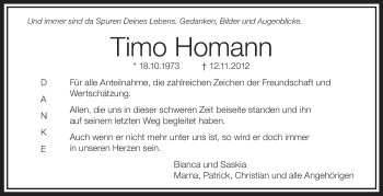 Anzeige von Timo Homann von Schwäbische Zeitung