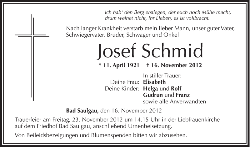  Traueranzeige für Josef Schmid vom 22.11.2012 aus Schwäbische Zeitung