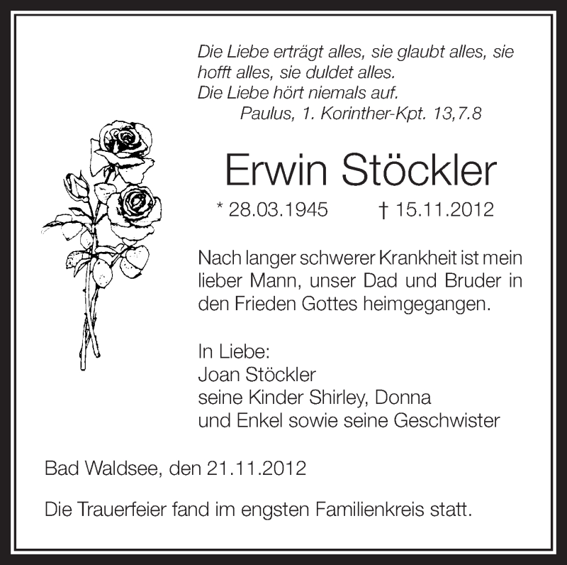  Traueranzeige für Erwin Stöckler vom 21.11.2012 aus Schwäbische Zeitung