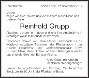 Anzeige von Reinhold Grupp von Schwäbische Zeitung