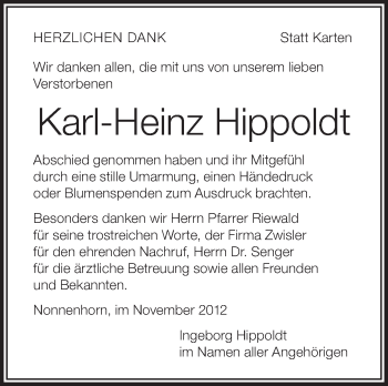 Anzeige von Karl-Heinz Hippoldt von Schwäbische Zeitung