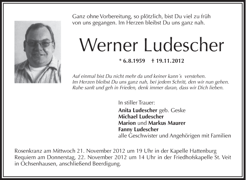  Traueranzeige für Werner Ludescher vom 21.11.2012 aus Schwäbische Zeitung