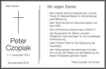 Anzeige von Peter Czopiak von Schwäbische Zeitung