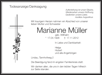 Anzeige von Marianne Müller von Schwäbische Zeitung