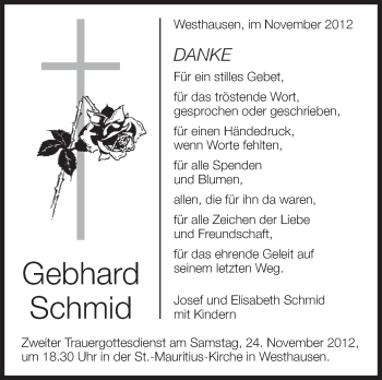 Anzeige von Gebhard Schmid von Schwäbische Zeitung