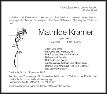 Anzeige von Mathilde Kramer von Schwäbische Zeitung