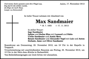 Anzeige von Max Sandmeier von Schwäbische Zeitung