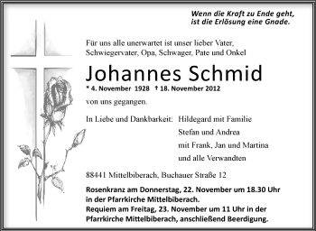 Anzeige von Johannes Schmid von Schwäbische Zeitung