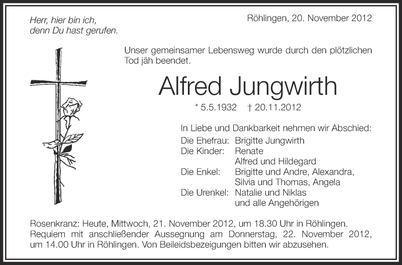  Traueranzeige für Alfred Jungwirth vom 21.11.2012 aus Schwäbische Zeitung