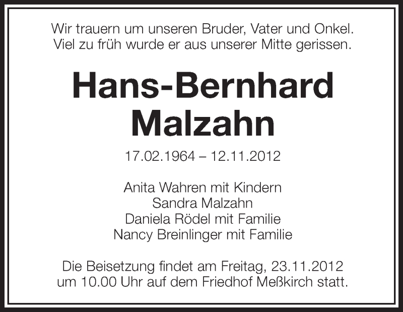  Traueranzeige für Hans-Bernhard Malzahn vom 21.11.2012 aus Schwäbische Zeitung