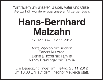 Anzeige von Hans-Bernhard Malzahn von Schwäbische Zeitung