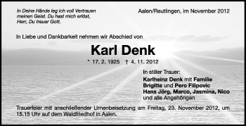 Anzeige von Karl Denk von Schwäbische Zeitung