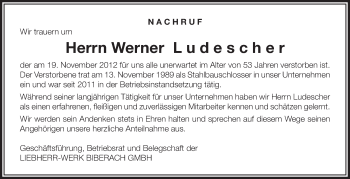 Anzeige von Werner Ludescher von Schwäbische Zeitung