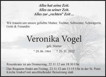 Anzeige von Veronika Vogel von Schwäbische Zeitung