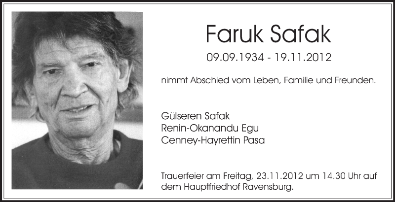  Traueranzeige für Faruk Safak vom 21.11.2012 aus Schwäbische Zeitung