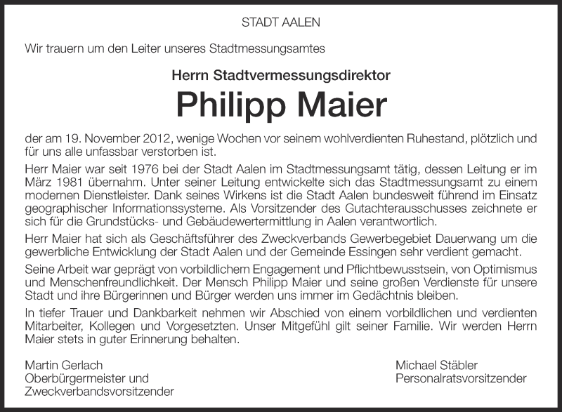  Traueranzeige für Philipp Maier vom 21.11.2012 aus Schwäbische Zeitung