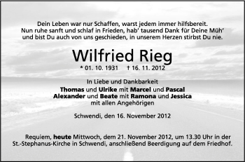 Anzeige von Wilfried Rieg von Schwäbische Zeitung