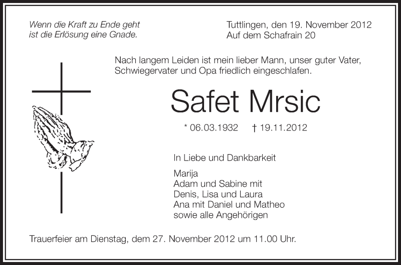  Traueranzeige für Safet Mrsic vom 23.11.2012 aus Schwäbische Zeitung