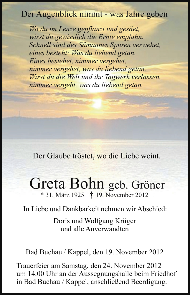  Traueranzeige für Greta Bohn vom 22.11.2012 aus Schwäbische Zeitung