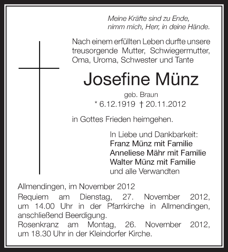  Traueranzeige für Josefine Münz vom 23.11.2012 aus Schwäbische Zeitung