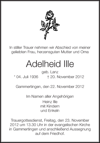 Anzeige von Adelheid Ille von Schwäbische Zeitung