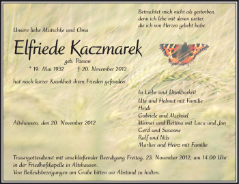 Anzeige von Elfriede Kaczmarek von Schwäbische Zeitung