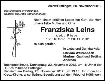 Anzeige von Franziska Leins von Schwäbische Zeitung