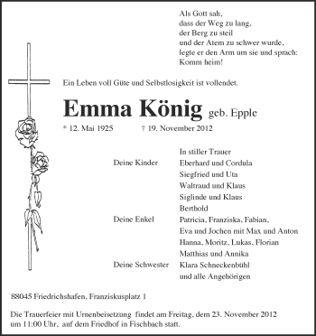 Anzeige von Emma König von Schwäbische Zeitung