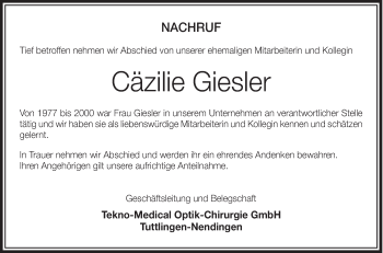 Anzeige von Cäzilie Giesler von Schwäbische Zeitung