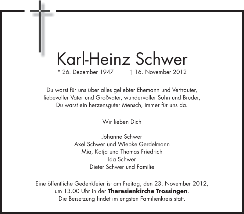  Traueranzeige für Karl-Heinz Schwer vom 22.11.2012 aus Schwäbische Zeitung
