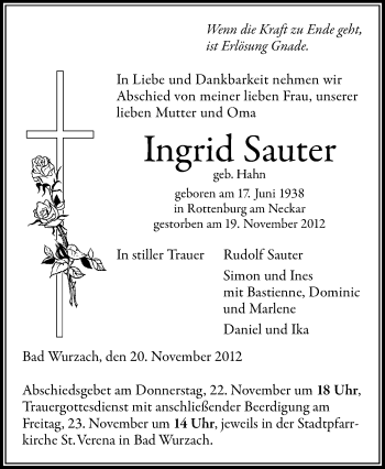 Anzeige von Ingrid Sauter von Schwäbische Zeitung