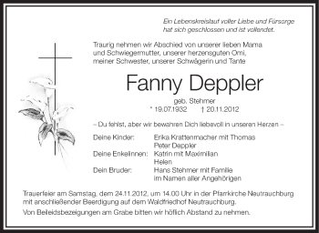Anzeige von Fanny Deppler von Schwäbische Zeitung