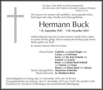 Anzeige von Hermann Buck von Schwäbische Zeitung