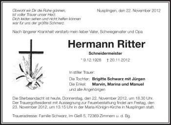 Anzeige von Hermann Ritter von Schwäbische Zeitung