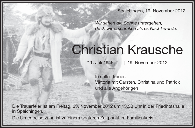  Traueranzeige für Christian Krausche vom 22.11.2012 aus Schwäbische Zeitung