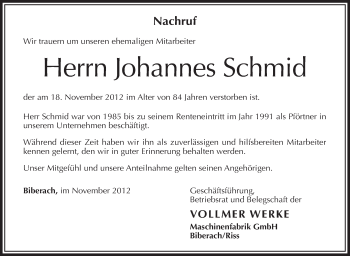 Anzeige von Johannes Schmid von Schwäbische Zeitung