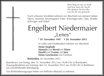 Anzeige von Engelbert Niedermaier von Schwäbische Zeitung