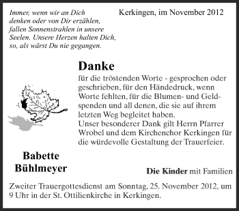 Anzeige von Babette Bühlmeyer von Schwäbische Zeitung