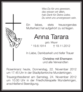 Anzeige von Anna Tarara von Schwäbische Zeitung