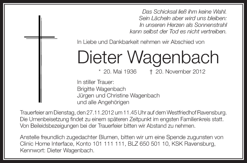  Traueranzeige für Dieter Wagenbach vom 23.11.2012 aus Schwäbische Zeitung