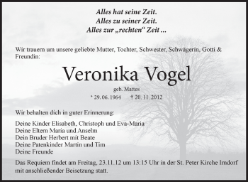 Anzeige von Veronika Vogel von Schwäbische Zeitung