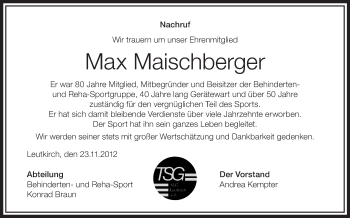 Anzeige von Max Maischberger von Schwäbische Zeitung