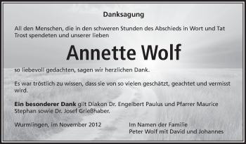 Anzeige von Annette Wolf von Schwäbische Zeitung