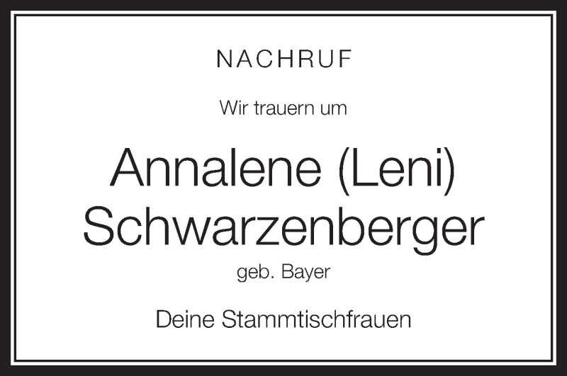  Traueranzeige für Annalene Schwarzenberger vom 23.11.2012 aus Schwäbische Zeitung
