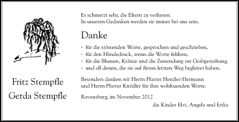 Anzeige von Fritz und Gerda Stempfle von Schwäbische Zeitung