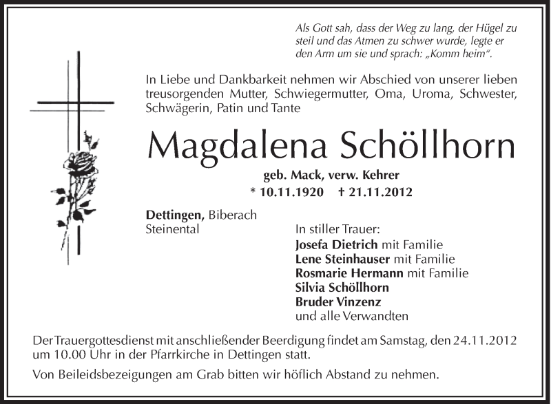  Traueranzeige für Magdalena Schöllhorn vom 23.11.2012 aus Schwäbische Zeitung