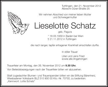 Anzeige von Lieselotte Schatz von Schwäbische Zeitung