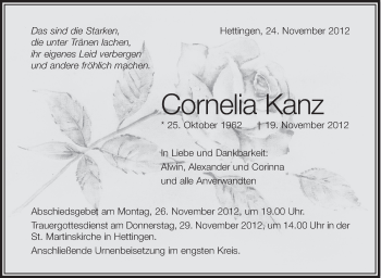 Anzeige von Cornelia Kanz von Schwäbische Zeitung