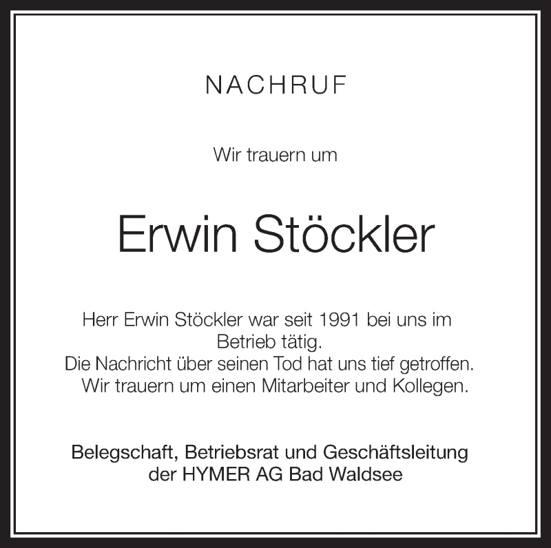  Traueranzeige für Erwin Stöckler vom 24.11.2012 aus Schwäbische Zeitung