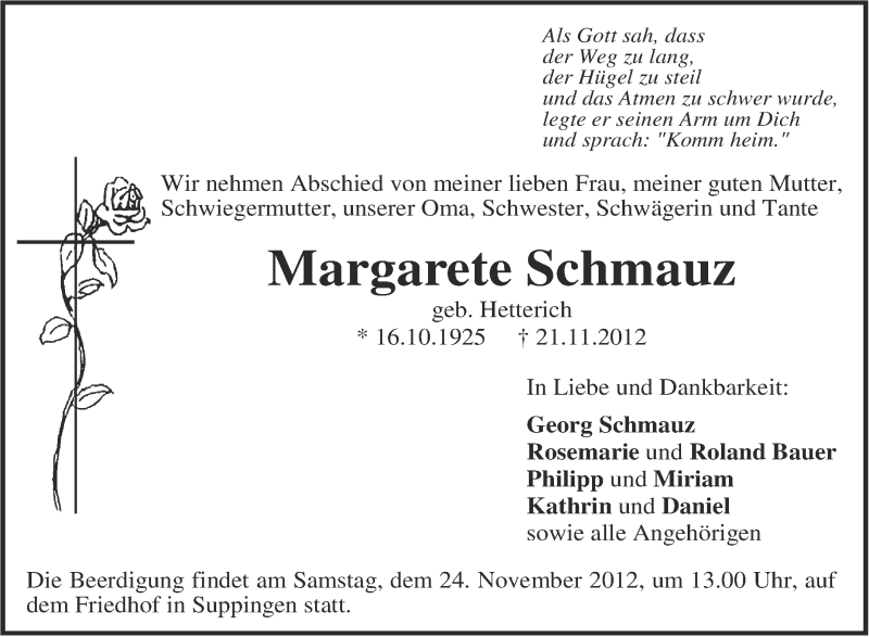  Traueranzeige für Margarete Schmauz vom 23.11.2012 aus Schwäbische Zeitung